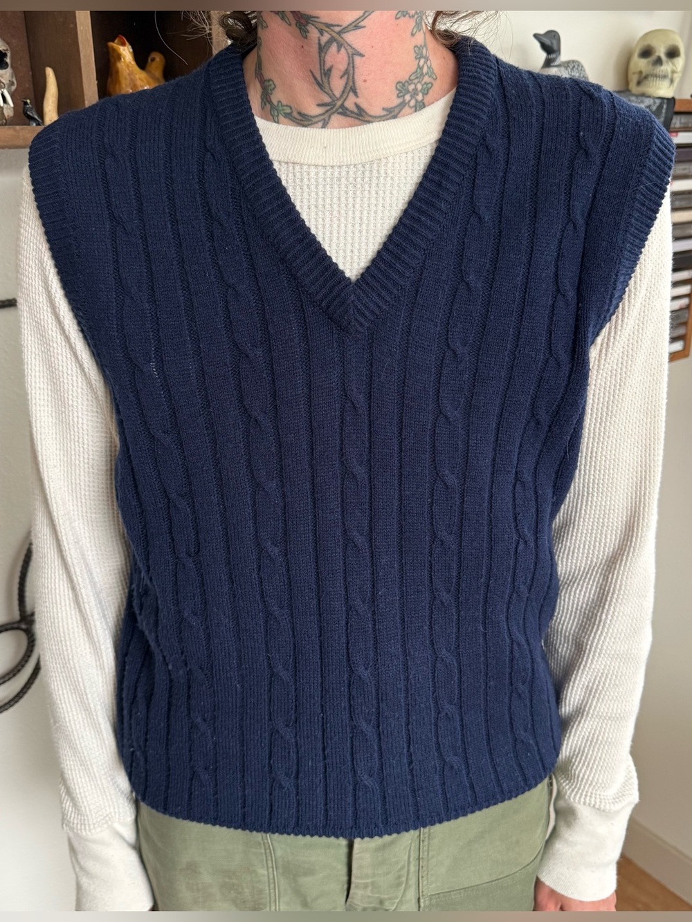 Vintage 70s 80s Navy Blue Cable Knit V Neck Sweater Vest ~ Size Small